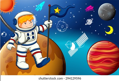 Astronaut holding flag on the planet