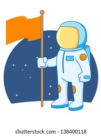 Astronaut holding a flag in outer space, vector illustration