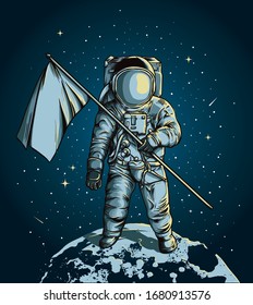 Astronaut holding a flag over the moon with star space in the background