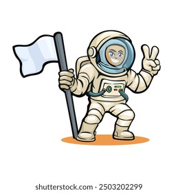 Astronaut Holding  Flag with Peace Gesture Cartoon Illustration Vector