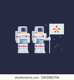 Astronaut holding flag. Pixel 80s style art. Spaceman character. Sticker design. Isolated vector illustration. Game assets. 8-bit sprite.