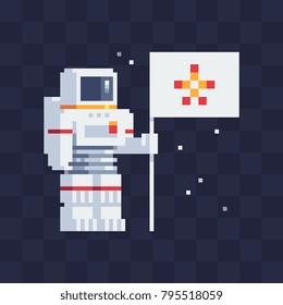 Astronaut holding flag. Pixel 80s art style. Spaceman character. Sticker design. Isolated vector illustration.
