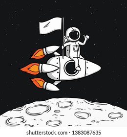 Astronaut holding a flag and sitting down on the space rocket with moon at bottom