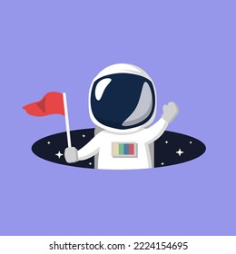 Astronaut Holding Flag In Space Hole Cartoon Vector Illustration. Space Icon Concept Isolated Premium Vector. Cartoon Style