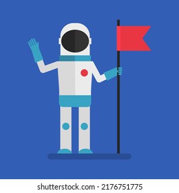 Astronaut holding flag and waves his hand. Flat people. Vector Illustration