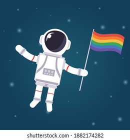 Astronaut holding a gay flag and hovers in space. LGBT and homosexuality concept. Copy space for design. Flat style design vector