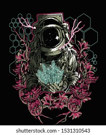 Astronaut holding gems tattoo art and t-shirt design. Symbol of meditation, harmony, yoga. 