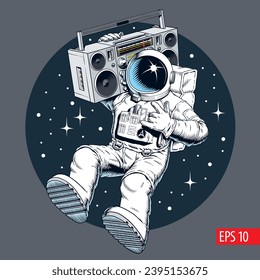 Astronaut holding ghetto blaster cassette player or boombox in the outer space and listing music. Space dj beat party vintage comic style vector illustration