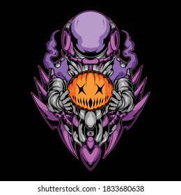 astronaut holding halloween pumpkin illustration for commercial use