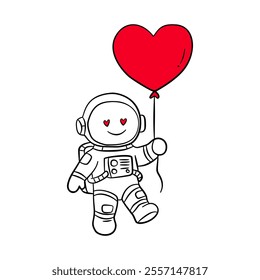 Astronaut Holding Heart Balloon Line Hand drawn Design