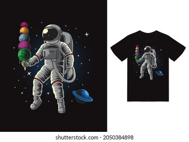 Astronaut holding ice cream illustration with tshirt design premium vector the Concept of Isolated Technology. Flat Cartoon Style Suitable for Landing Web Pages, Banners, Flyers, Stickers, Cards