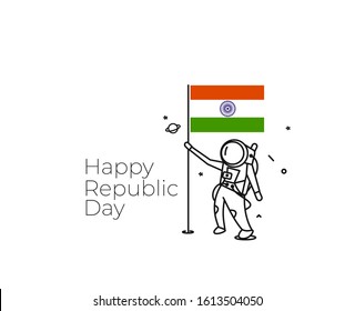 Astronaut holding India flag Flat Line art vector design Illustration.