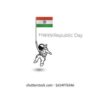 Astronaut holding India flag Flat Line art vector design Illustration.