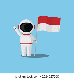 Astronaut holding Indonesian flag. Indonesian Independence Day concept. flat design vector illustration on isolated background.