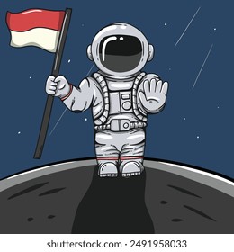 Astronaut holding Indonesia's Flag at the moon celebrating Indonesia Independence day