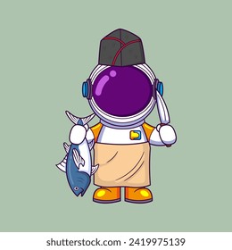 Astronaut holding knife and cook fish of illustration