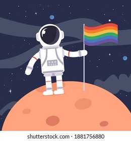 Astronaut holding LGBT flag on moon and milk way galaxy with stars and planets in the background. Copy space for design or text. Flat style design vector