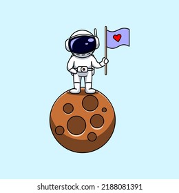 An astronaut holding love flag and stand up in the mini moon