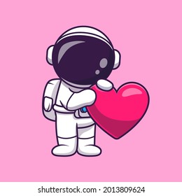 Astronaut Holding Love Heart Cartoon Vector Icon Illustration. Science Technology Icon Concept Isolated Premium Vector. Flat Cartoon Style