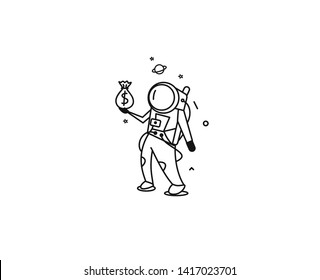 Astronaut Holding Money Bag - Flat Line Art Design Illustration.