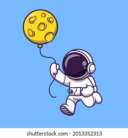 Astronaut, der den Mondballon hält, Cartoon Vektorsymbol Illustration. Science Technology Icon Konzept isolierter Premium-Vektorgrafik. Flachbildkartonstil