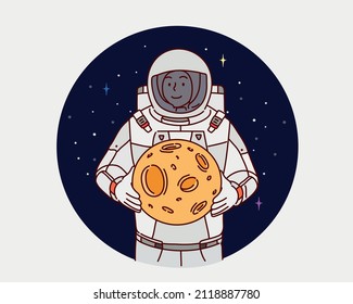 Astronaut Holding Moon. Hand drawn style vector design illustrations.