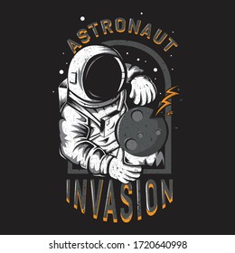 Astronaut holding the moon in space vector illustration "Astronaut Invasion".