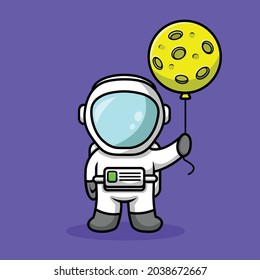 Astronaut Holding Moon Vector Icon Illustration. Spaceman Mascot Cartoon Character. Science Icon Concept Isolated. Flat Cartoon Style Suitable for Web Landing Page, Banner, Flyer, Sticker, Card