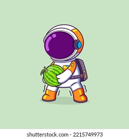 The astronaut is holding and moving the big heavy watermelon of illustration