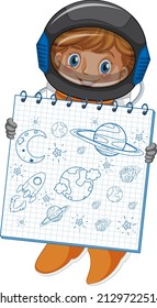 An astronaut holding notebook with a doodle sketch design on white background illustration