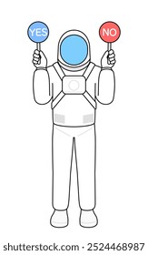 Astronaut holding a placard indicating correct and incorrect answers, Vector Illustration