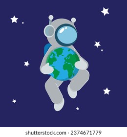 Astronaut holding planet earth. Flat vector illustration isolated on blue background.