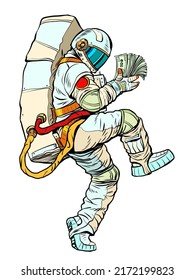 astronaut holding the planet in his hands a pack of cash dollars, business money and the world economy theme. man in a funny pose. pop art retro vector illustration kitsch vintage 50s 60s style