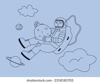 Astronaut holding planet. Male character in outline style.