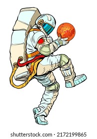 astronaut holding the planet mars in his hands, space business space exploration and science. man in a funny pose. pop art retro vector illustration kitsch vintage 50s 60s style