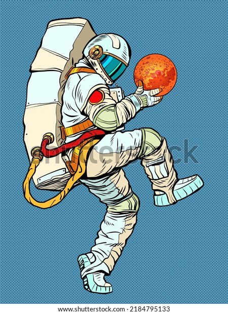 astronaut\
holding the planet mars in his hands, space business space\
exploration and science. man in a funny pose. pop art retro vector\
illustration kitsch vintage 50s 60s\
style