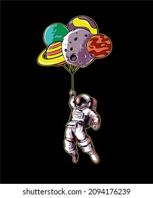 Astronaut Holding Planet and moon Balloon in space.
Vector illustration.