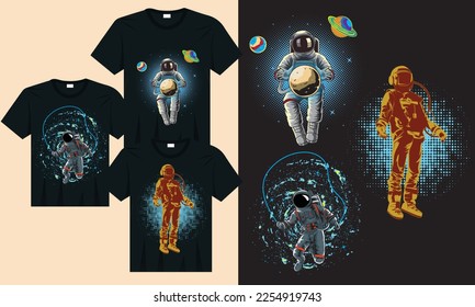 Astronaut holding planet on space illustration, astronaut vintage t-shirt design, Astronaut play the rope