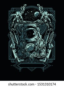 Astronaut holding planet position tattoo art and t-shirt design. Symbol of meditation, harmony, yoga. 