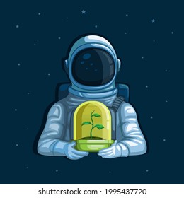 Astronaut holding plant on space, ecology plant care planet concept in cartoon illustration vector