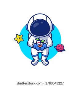 Astronaut Holding Plant In Space With Star And Planet Cartoon Vector Icon Illustration. People Science Icon Concept Isolated Premium Vector. Flat Cartoon Style