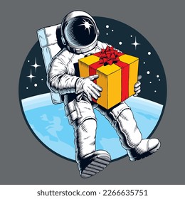 Astronaut holding present box with gift ribbon bow in outer spase isolated. Birthday card or banner design concept. Comic style vector illustration