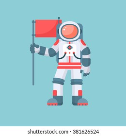 Astronaut holding red flag vector illustration. Single astronaut in spacesuit and helmet isolated on blue background. Modern flat style design