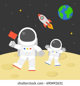 astronaut holding red flag walking on moon surface with flying rocket in space and earth globe background, flat design illustration vector