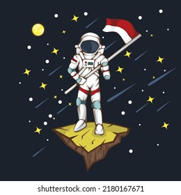 astronaut holding the red and white indonesian flag