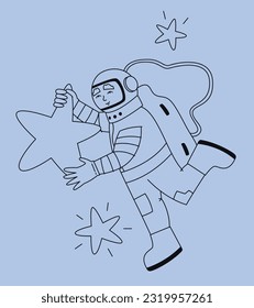 Astronaut holding star. Male character in outline style.