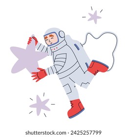 Astronaut holding star. Male character in doodle style.