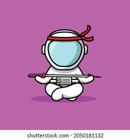 Astronaut Holding Sword Cartoon Vector Icon Illustration. Science Sport Icon Concept Isolated Premium Vector. Flat Cartoon Style