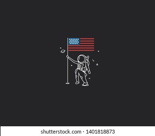 Astronaut holding Usa flag Flat Line art vector design Illustration.