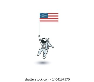 Astronaut holding Usa flag Flat Line art vector design Illustration.